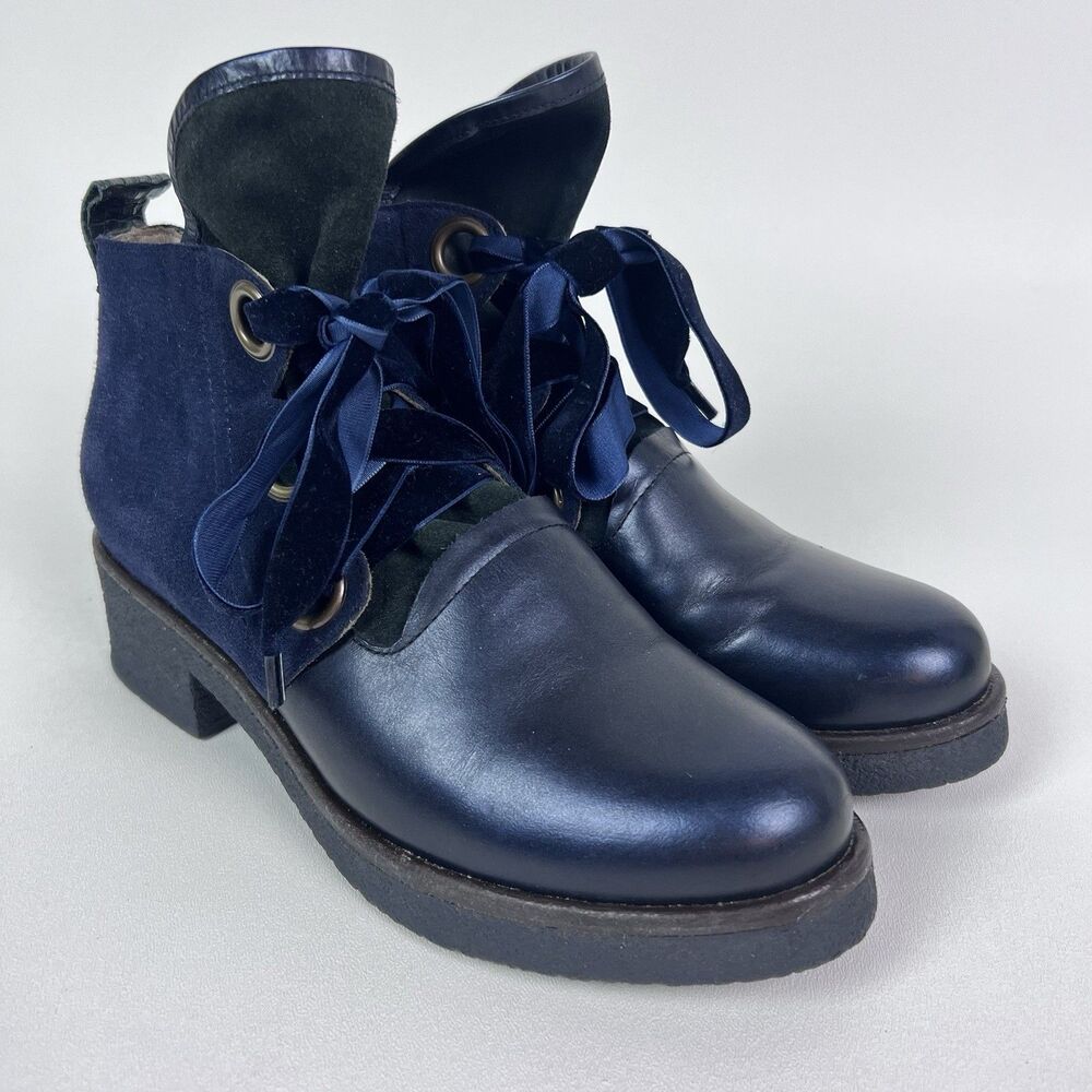 Handmade Ankle Booties Casta Navy Suede Velvet Laces Inner Zipper Sz EU 38
